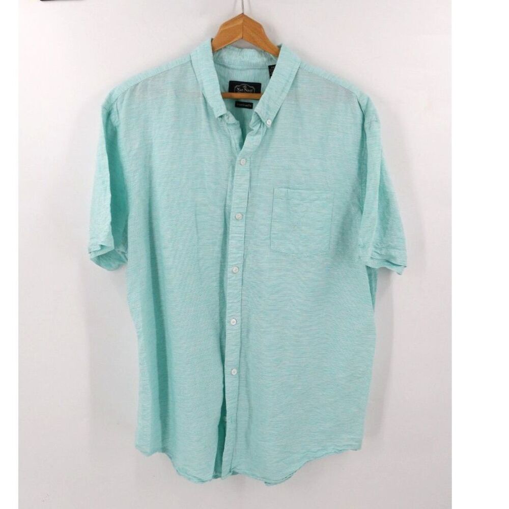 Nat Nast Men American Fit Short Sleeve Casual Button Down Teal Blue Size 2 XL